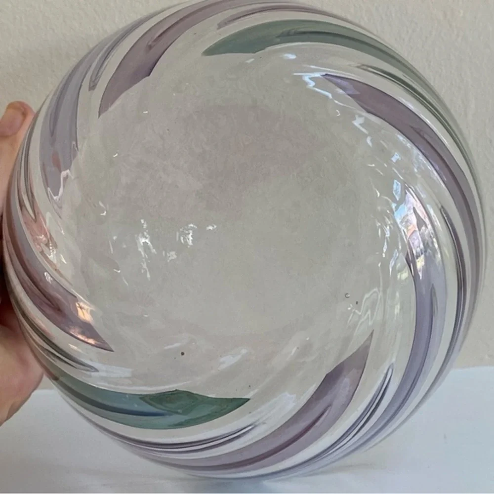 Crate&Barrel Lead Crystal Glass Blue Purple and Green Ribbon Decor Bowl